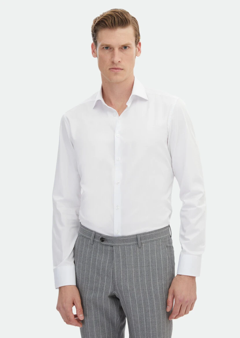 Beyaz Düz Slim Fit Dokuma Klasik %100 Pamuk Gömlek - RAMSEY