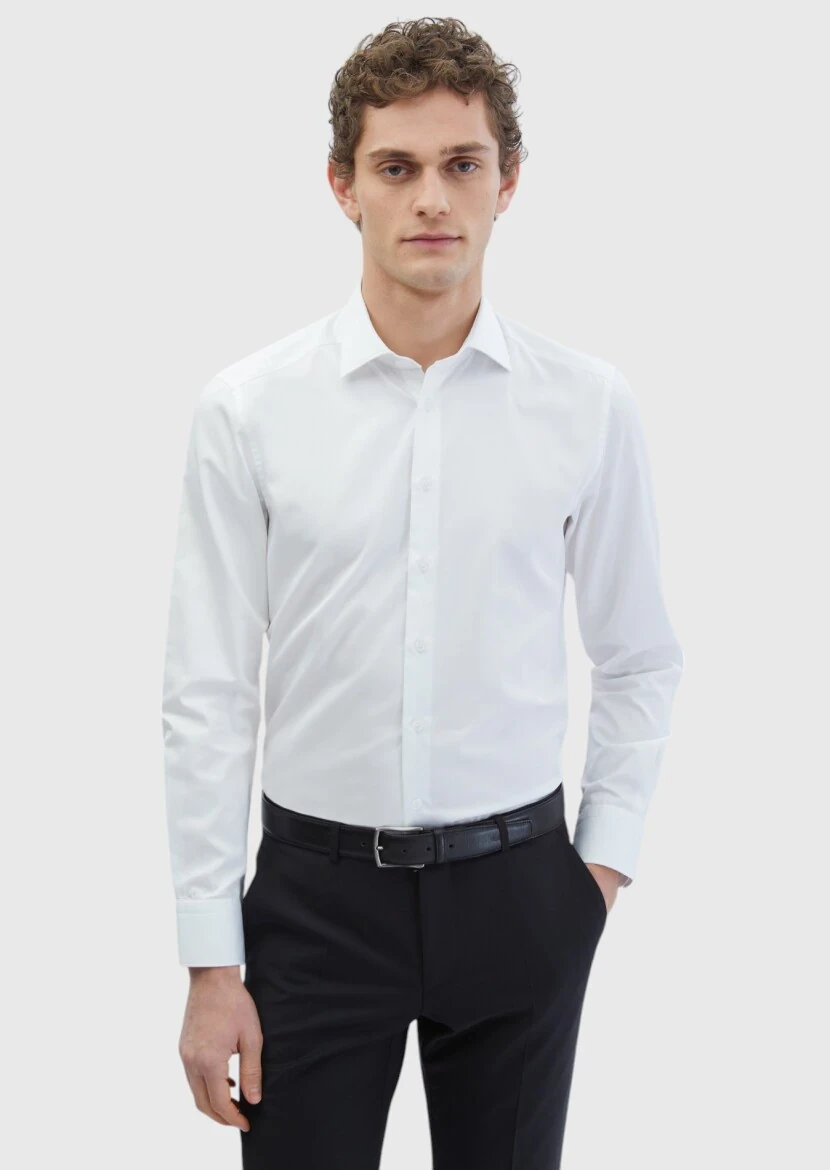Beyaz Düz Slim Fit Dokuma Klasik %100 Pamuk Gömlek - RAMSEY