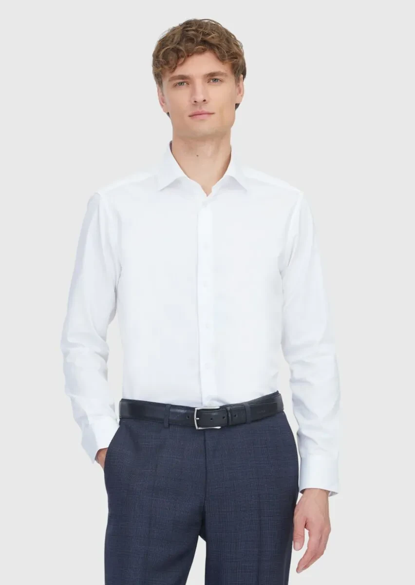 Beyaz Düz Slim Fit Dokuma Klasik %100 Pamuk Gömlek - 1