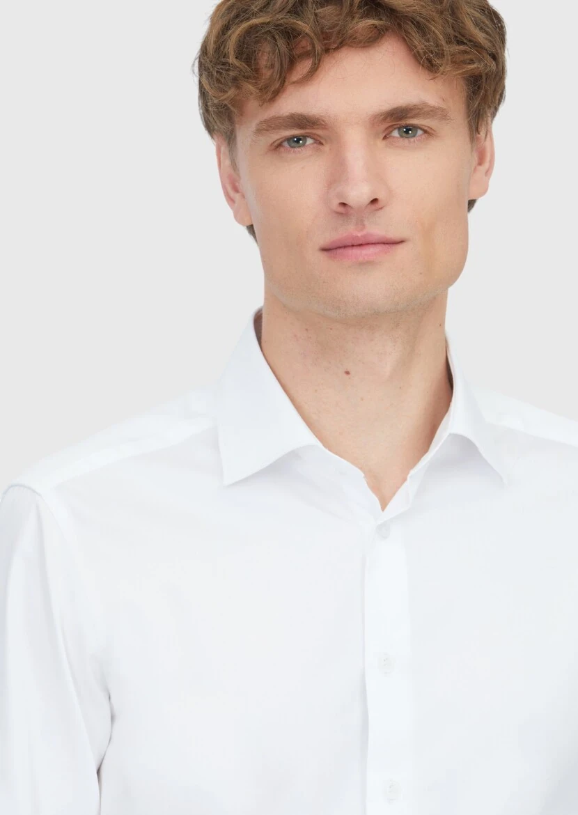 Beyaz Düz Slim Fit Dokuma Klasik %100 Pamuk Gömlek - 3