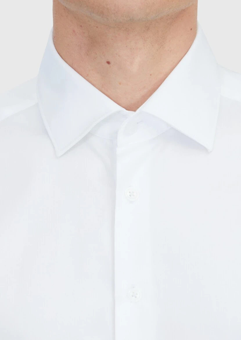 Beyaz Düz Slim Fit Dokuma Klasik %100 Pamuk Gömlek - 4