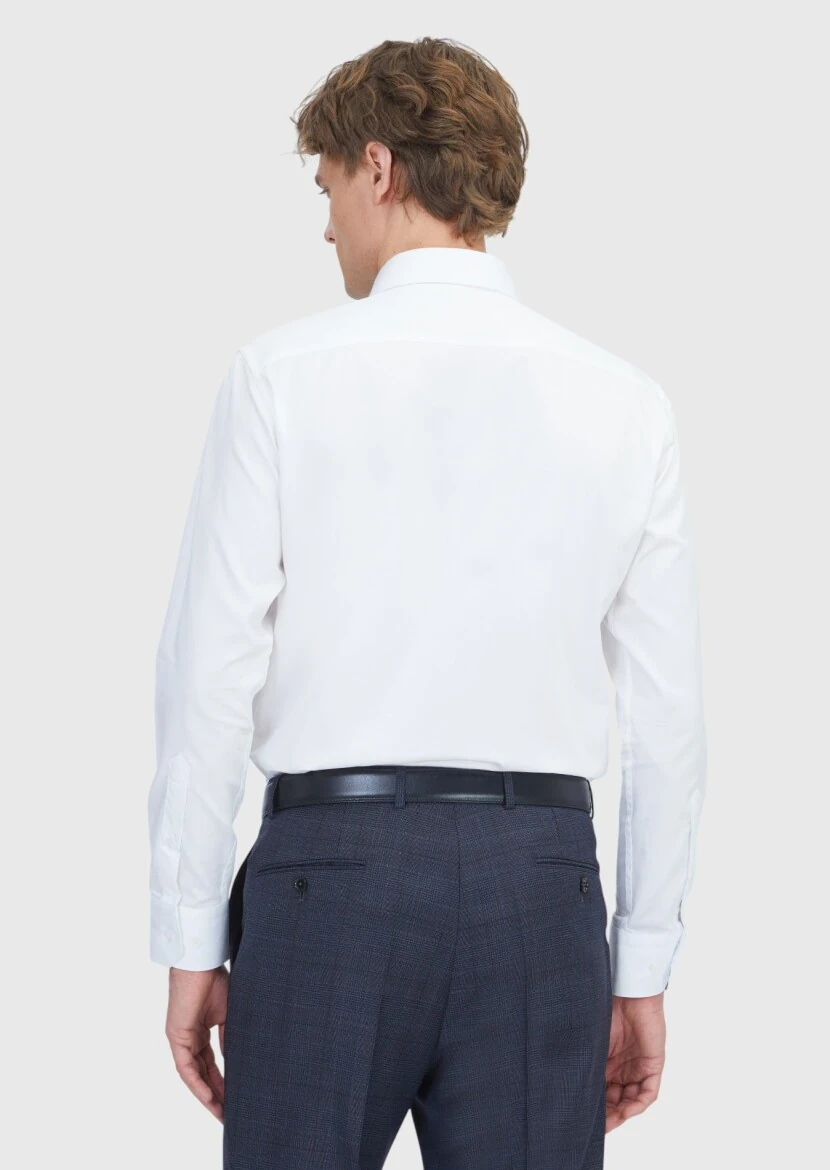 Beyaz Düz Slim Fit Dokuma Klasik %100 Pamuk Gömlek - 5