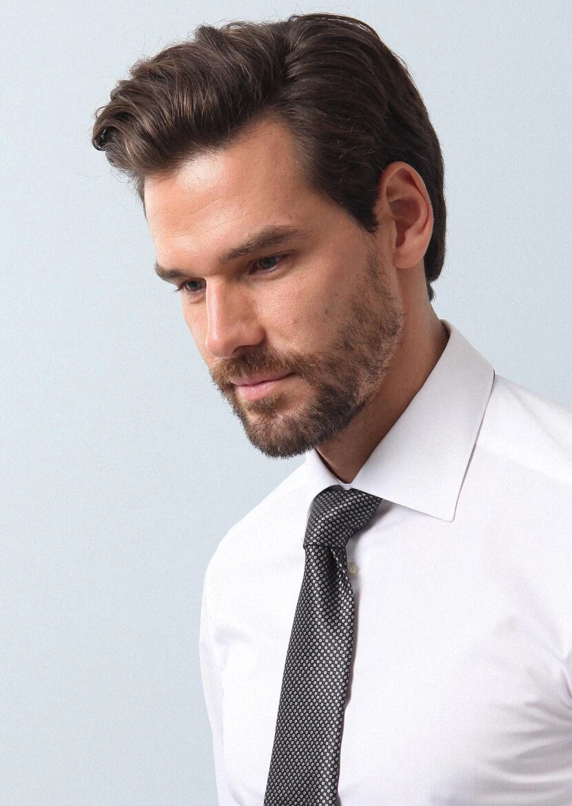 Beyaz Düz Slim Fit Dokuma Klasik Pamuk Karışımlı Gömlek - 3