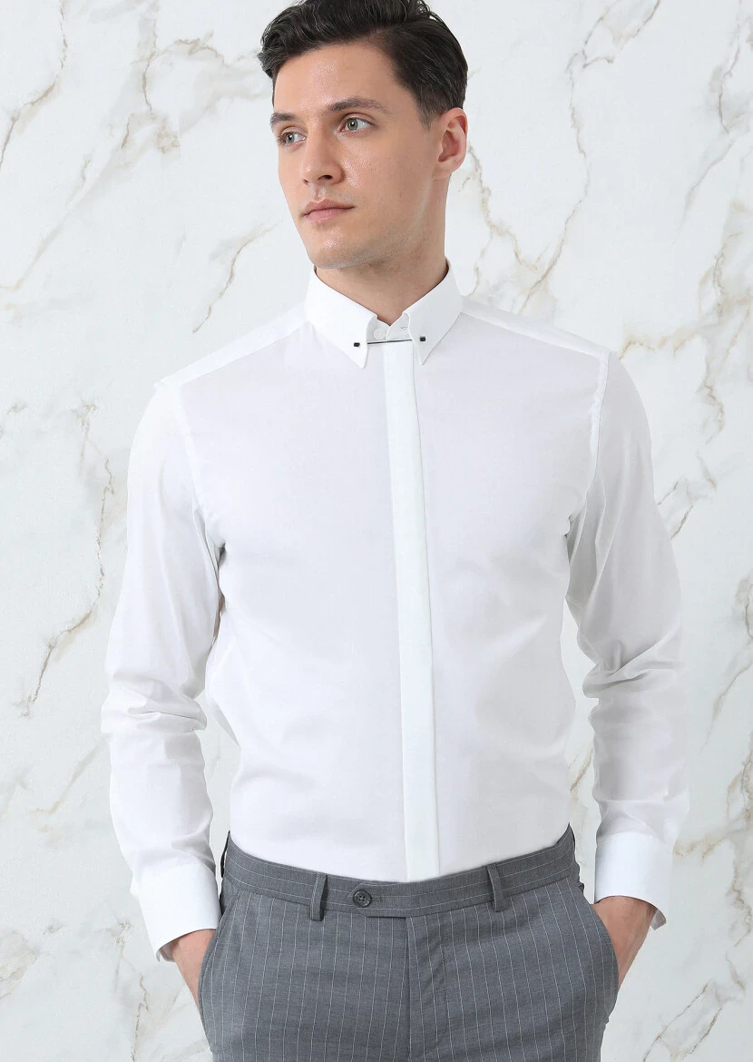 Beyaz Düz Slim Fit Dokuma Klasik Pamuk Karışımlı Gömlek - 2