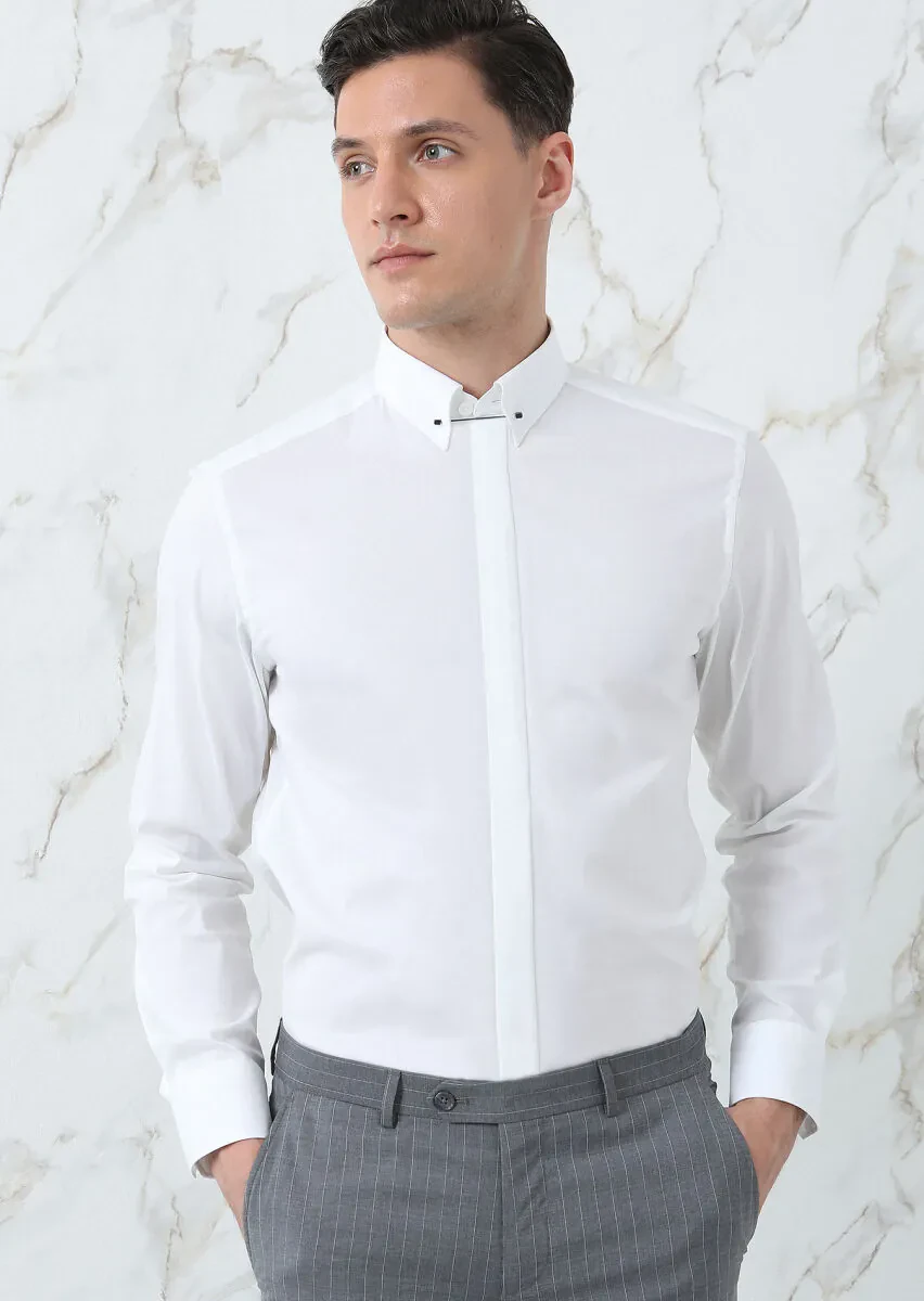 Beyaz Düz Slim Fit Dokuma Klasik Pamuk Karışımlı Gömlek - 2