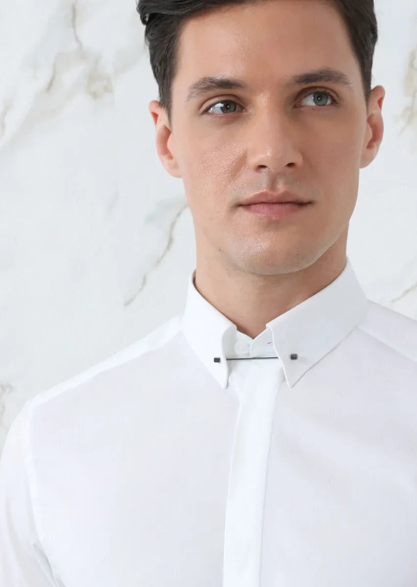 Beyaz Düz Slim Fit Dokuma Klasik Pamuk Karışımlı Gömlek - 3