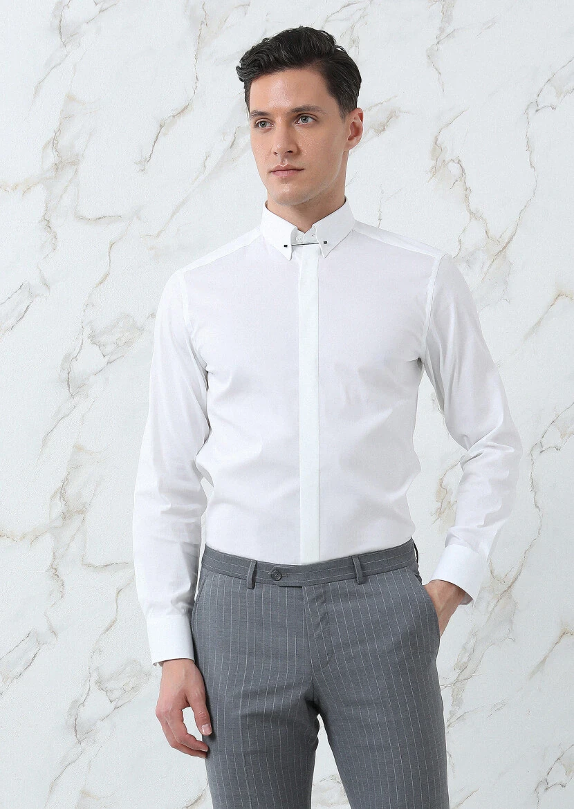 Beyaz Düz Slim Fit Dokuma Klasik Pamuk Karışımlı Gömlek - 4