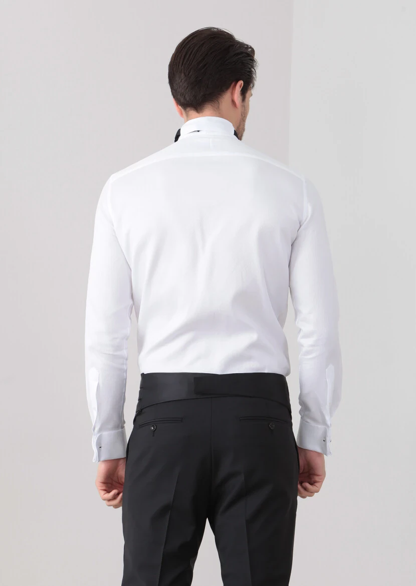 Beyaz Düz Slim Fit Duble Manşet Ata Yaka Smokin Gömlek - 4