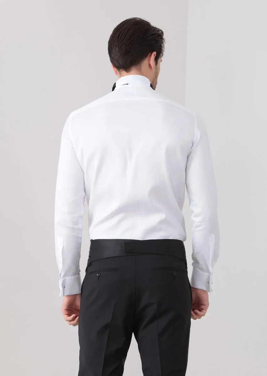 Beyaz Düz Slim Fit Duble Manşet Ata Yaka Smokin Gömlek - 4