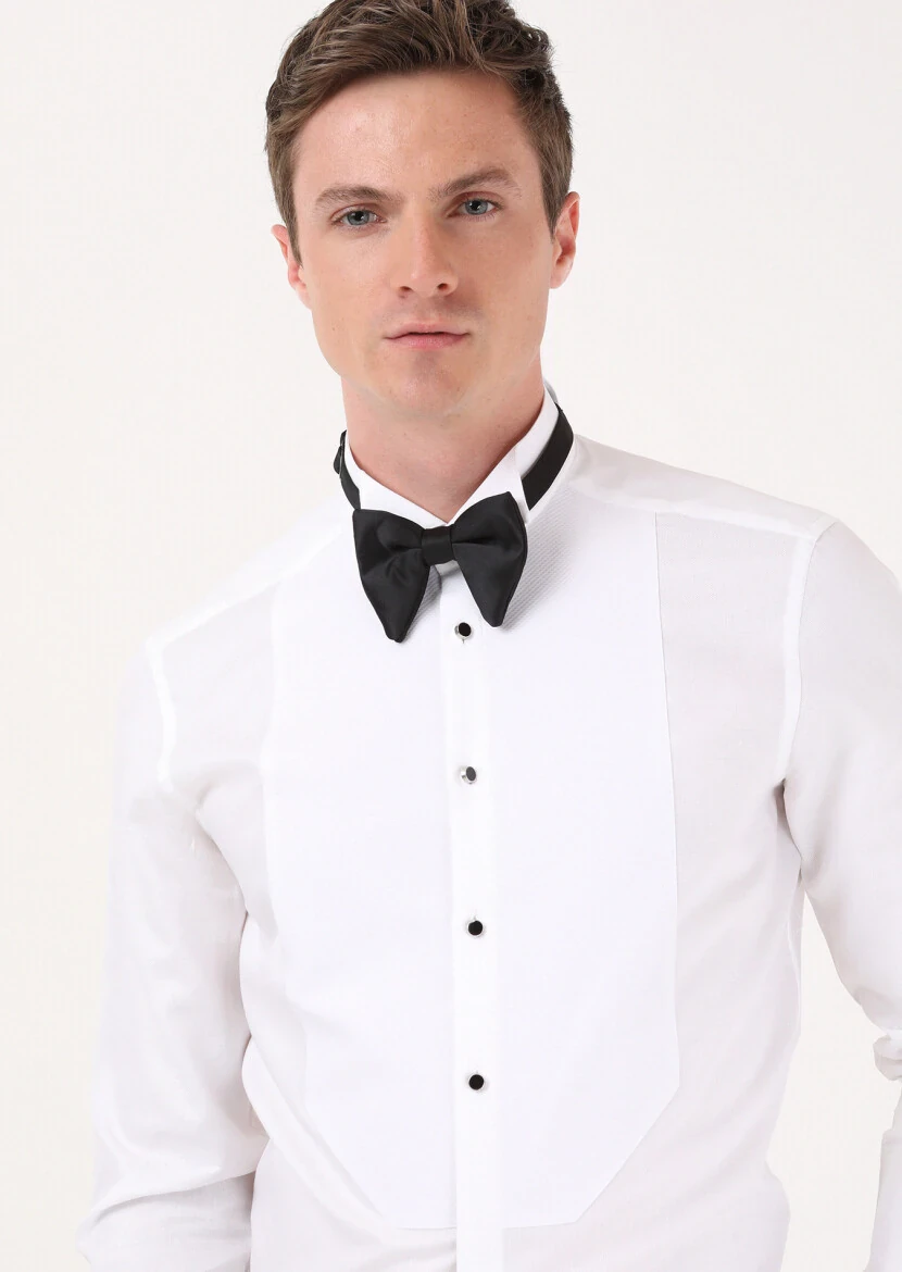 Beyaz Düz Slim Fit Duble Manşet Ata Yaka Smokin Gömlek - 1