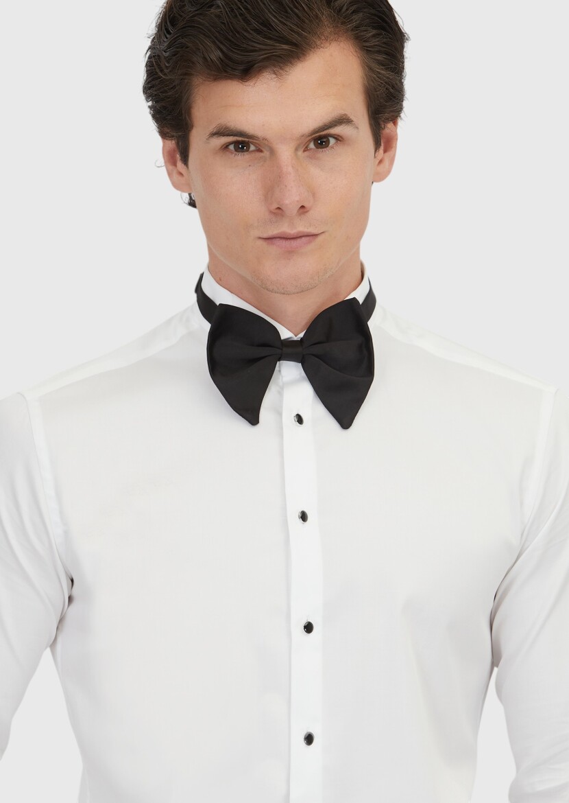 Beyaz Düz Slim Fit Duble Manşet Ata Yaka Smokin Gömlek - 3