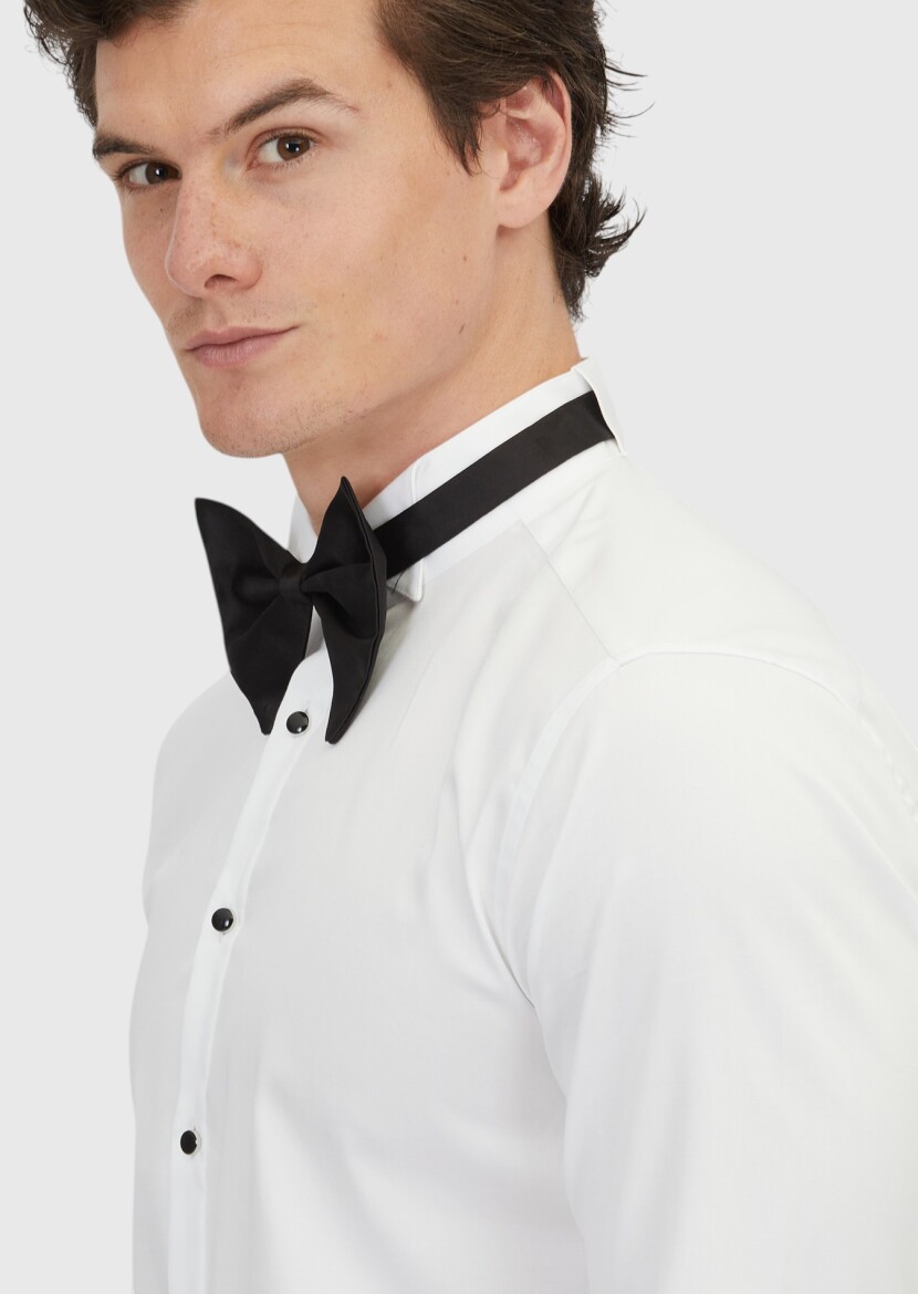 Beyaz Düz Slim Fit Duble Manşet Ata Yaka Smokin Gömlek - 4