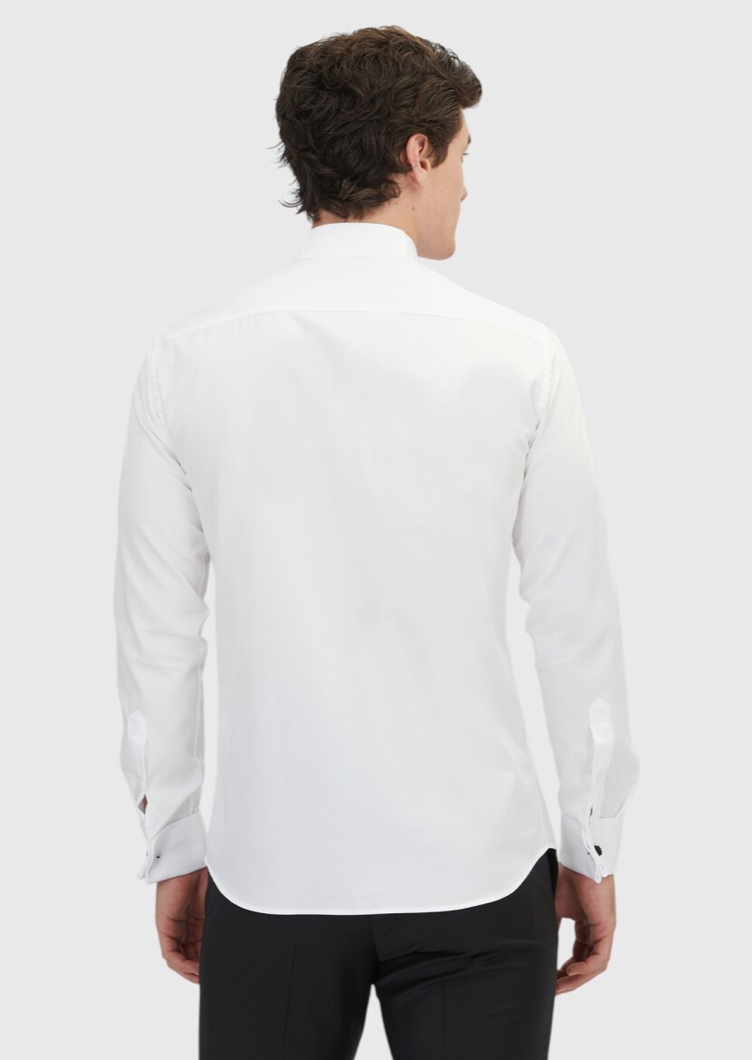 Beyaz Düz Slim Fit Duble Manşet Ata Yaka Smokin Gömlek - 5