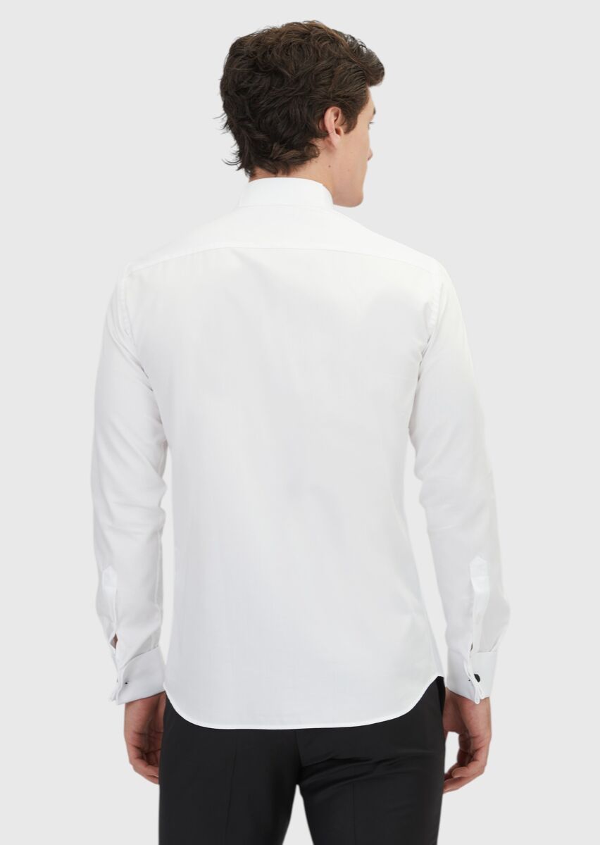 Beyaz Düz Slim Fit Duble Manşet Ata Yaka Smokin Gömlek - 5