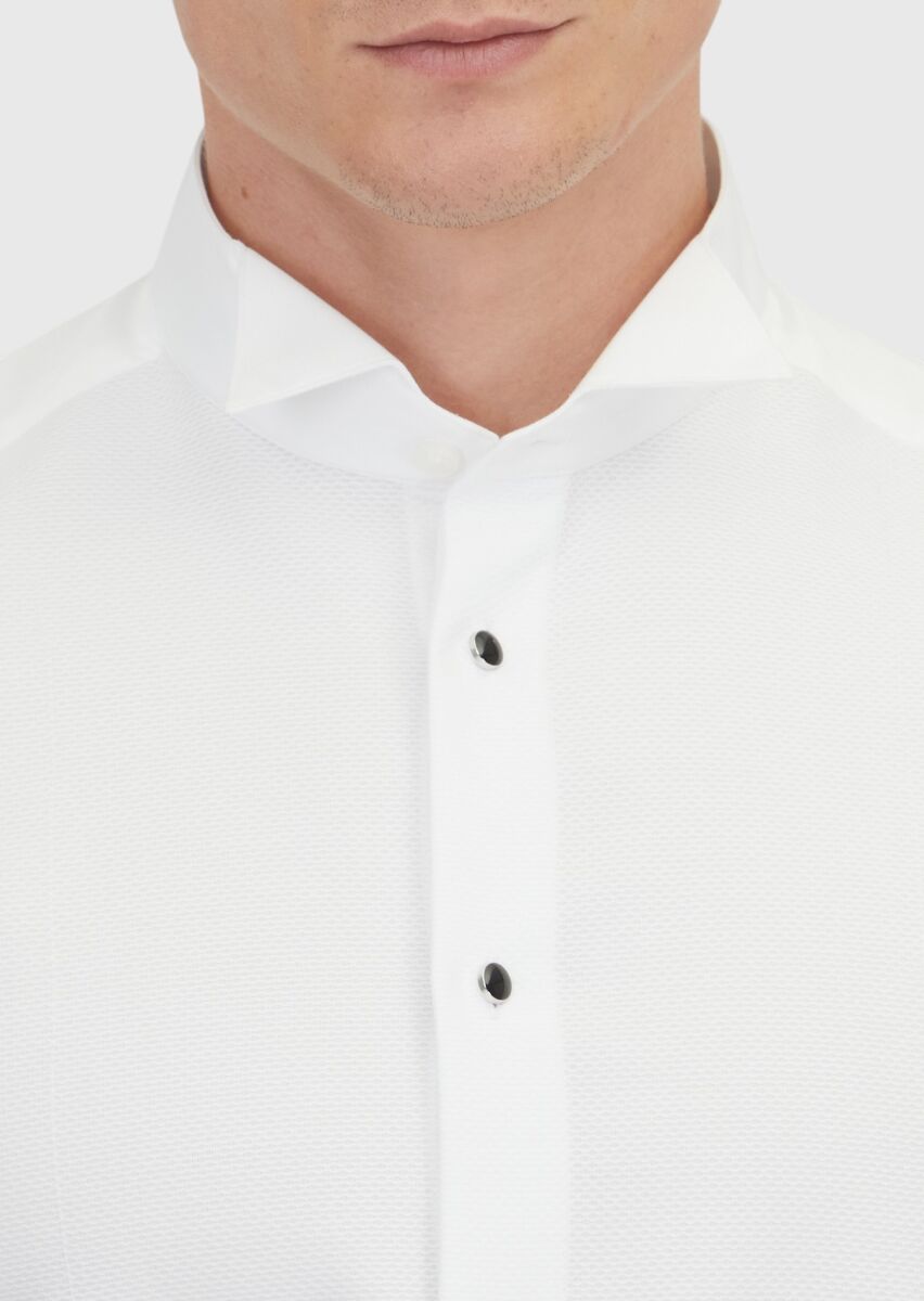 Beyaz Düz Slim Fit Duble Manşet Ata Yaka Smokin Gömlek - 3