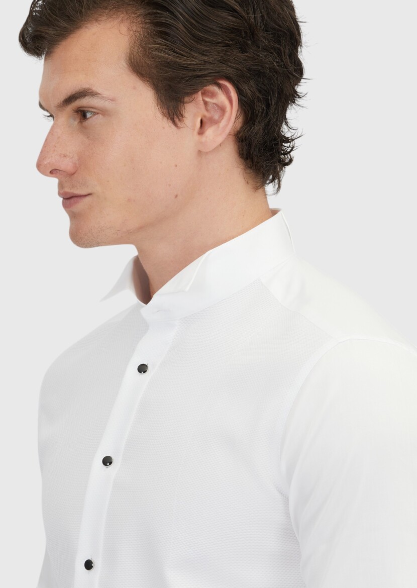 Beyaz Düz Slim Fit Duble Manşet Ata Yaka Smokin Gömlek - 4