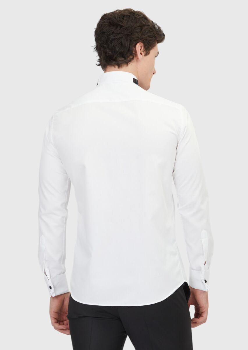 Beyaz Düz Slim Fit Duble Manşet Ata Yaka Smokin Gömlek - 5