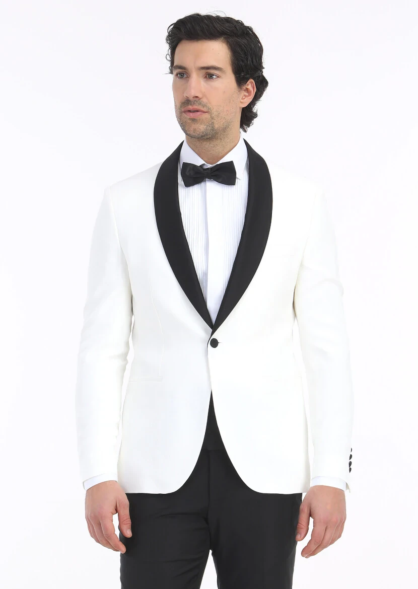 Beyaz Düz Slim Fit Duble Manşet Klasik Yaka Smokin Gömlek - 3