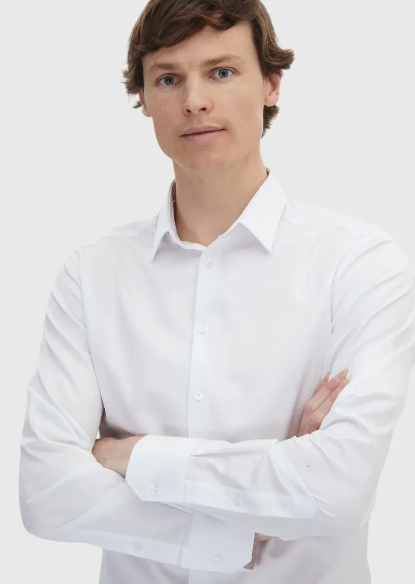 Beyaz Düz Super Slm Fit Dokuma Klasik %100 Pamuk Gömlek - 3