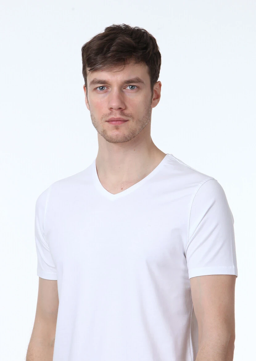 Beyaz Düz V Yaka Pamuk Karışımlı T-Shirt - 3