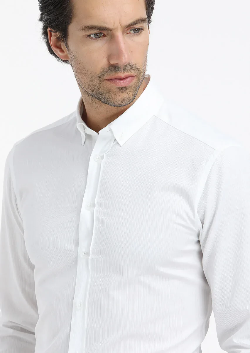 Beyaz Fitilli Regular Fit Dokuma Casual %100 Pamuk Gömlek - 3