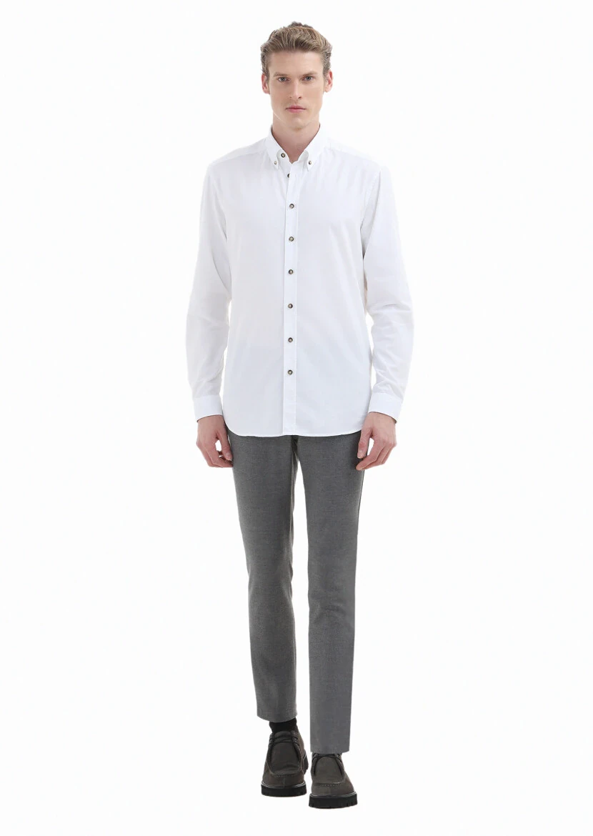 Beyaz Fitilli Regular Fit Dokuma Kadife Casual %100 Pamuk Gömlek 