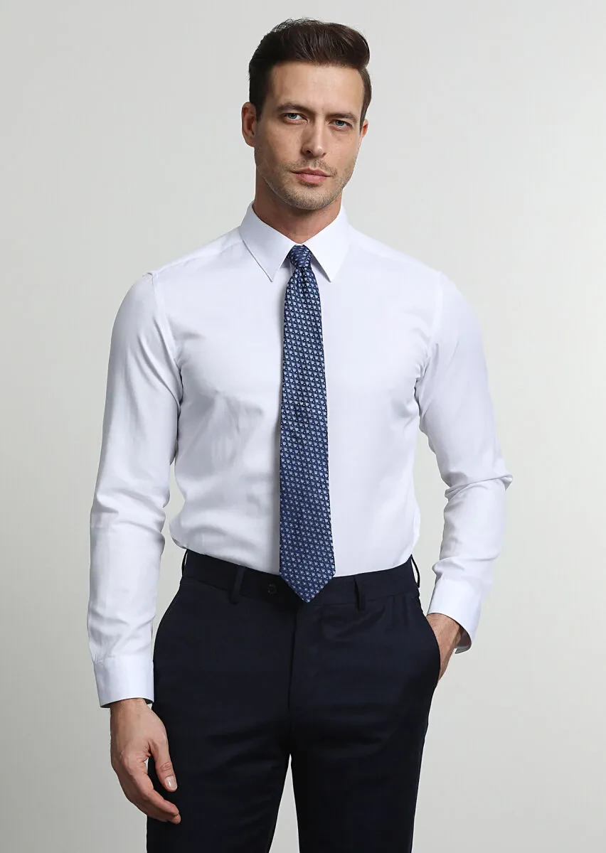 Beyaz Fitted Fit Dokuma Klasik Pamuk Karışımlı Gömlek - 1