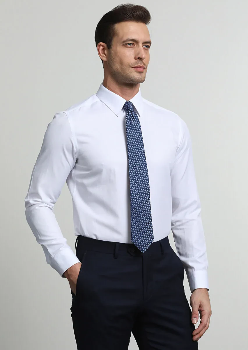 Beyaz Fitted Fit Dokuma Klasik Pamuk Karışımlı Gömlek - 3