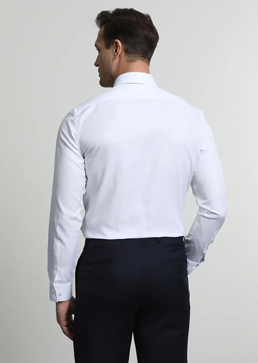 Beyaz Fitted Fit Dokuma Klasik Pamuk Karışımlı Gömlek - 4
