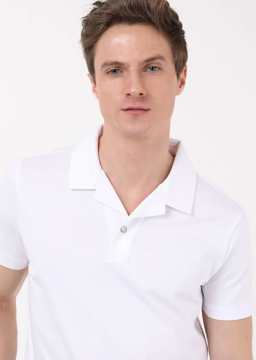 Beyaz Jakarlı Küba Yaka %100 Pamuk T-Shirt - 2