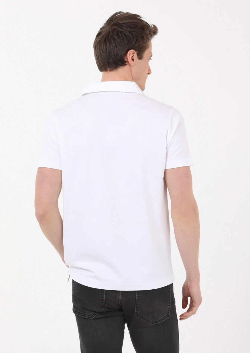 Beyaz Jakarlı Küba Yaka %100 Pamuk T-Shirt - 5