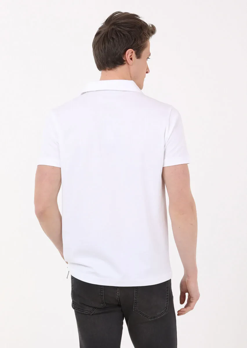 Beyaz Jakarlı Küba Yaka %100 Pamuk T-Shirt - 5