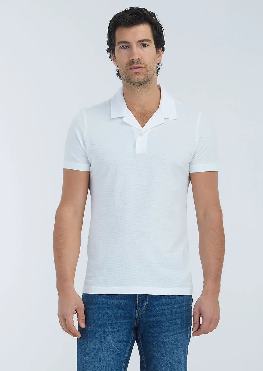 Beyaz Jakarlı Küba Yaka %100 Pamuk T-Shirt - 2