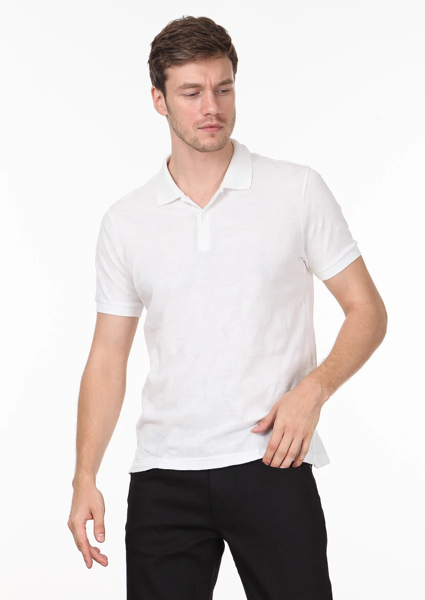 Beyaz Jakarlı Polo Yaka %100 Pamuk T-Shirt - 1