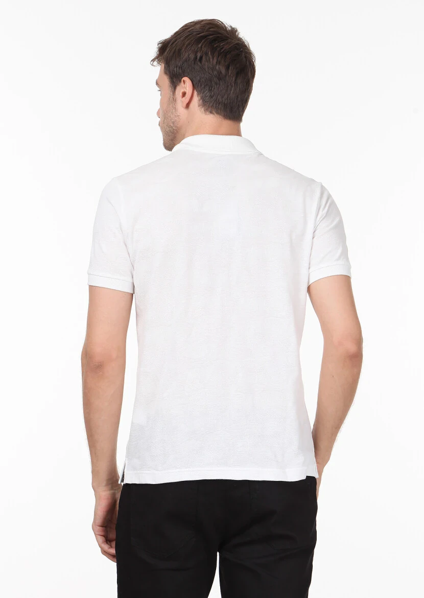 Beyaz Jakarlı Polo Yaka %100 Pamuk T-Shirt - 4