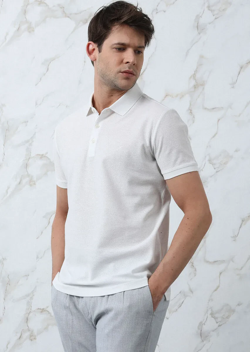 Beyaz Jakarlı Polo Yaka %100 Pamuk T-Shirt - 1