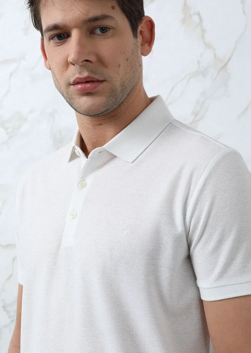 Beyaz Jakarlı Polo Yaka %100 Pamuk T-Shirt - 2