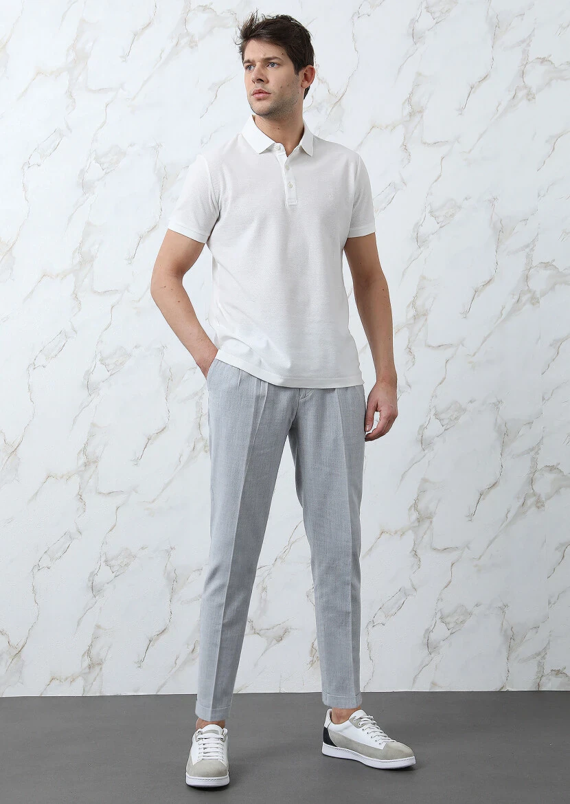 Beyaz Jakarlı Polo Yaka %100 Pamuk T-Shirt - 3