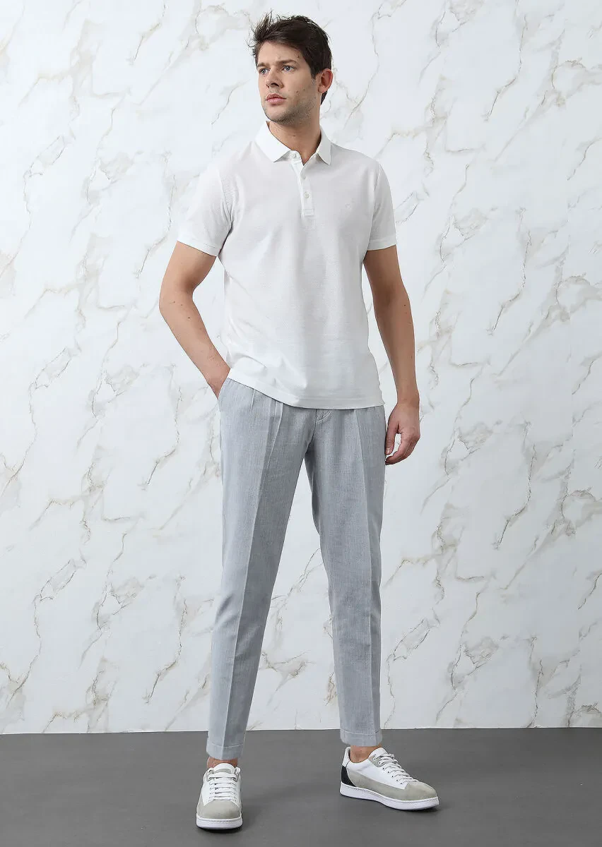 Beyaz Jakarlı Polo Yaka %100 Pamuk T-Shirt - 3