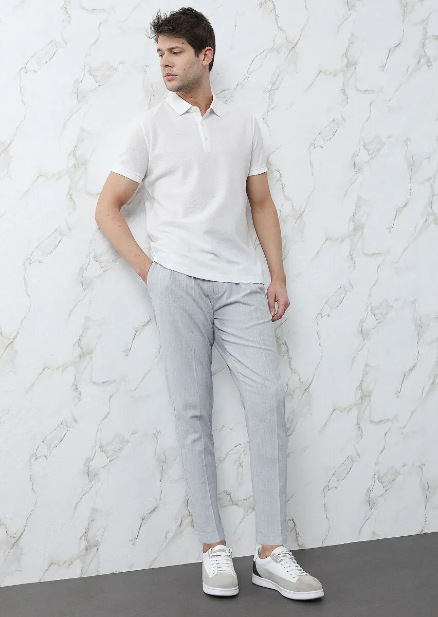 Beyaz Jakarlı Polo Yaka %100 Pamuk T-Shirt - 4