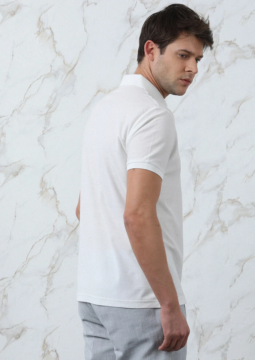 Beyaz Jakarlı Polo Yaka %100 Pamuk T-Shirt - 5