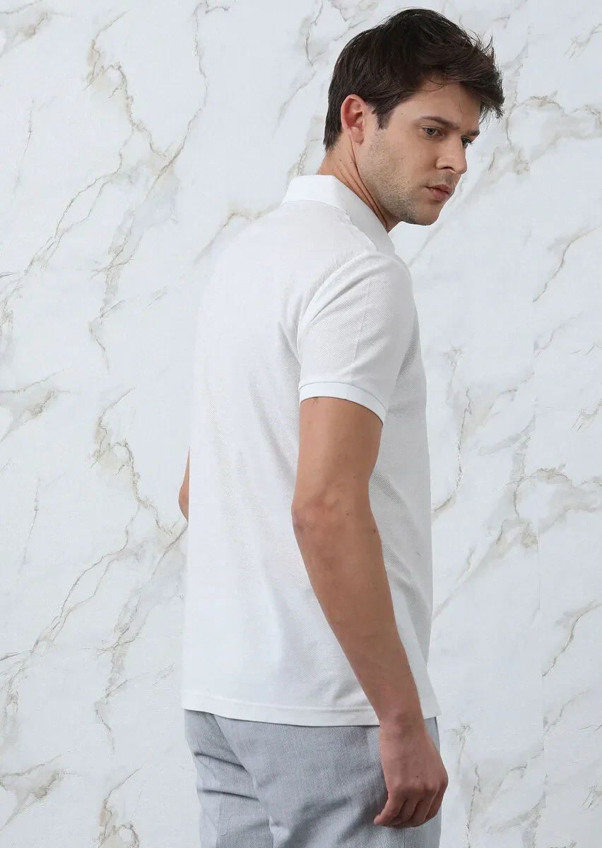 Beyaz Jakarlı Polo Yaka %100 Pamuk T-Shirt - 5
