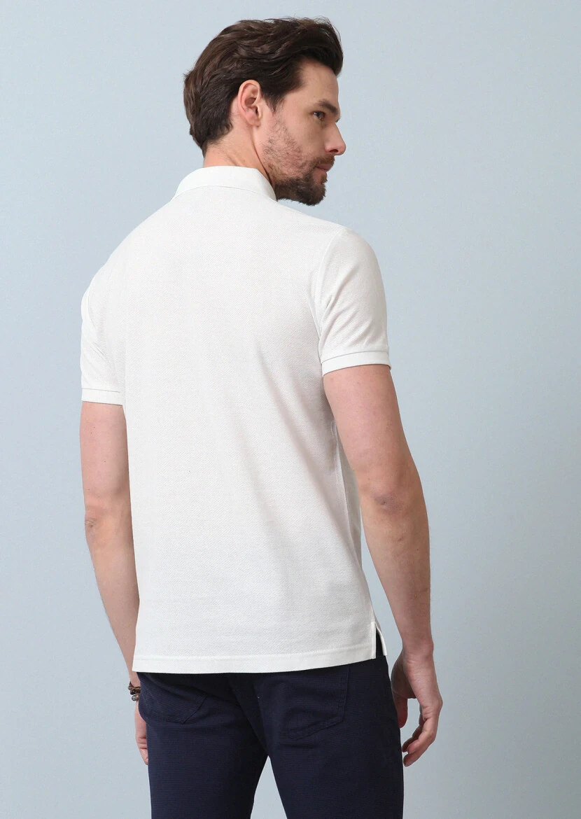 Beyaz Jakarlı Polo Yaka %100 Pamuk T-Shirt - 6