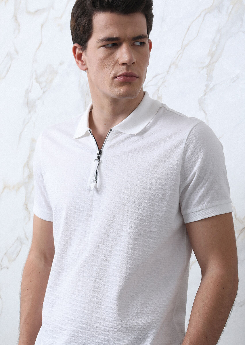 Beyaz Jakarlı Polo Yaka %100 Pamuk T-Shirt - 2