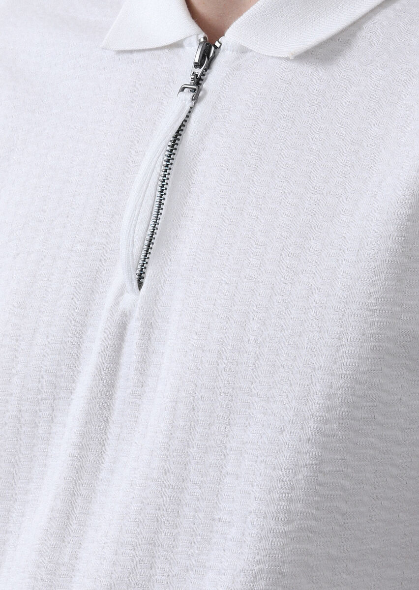 Beyaz Jakarlı Polo Yaka %100 Pamuk T-Shirt - 4