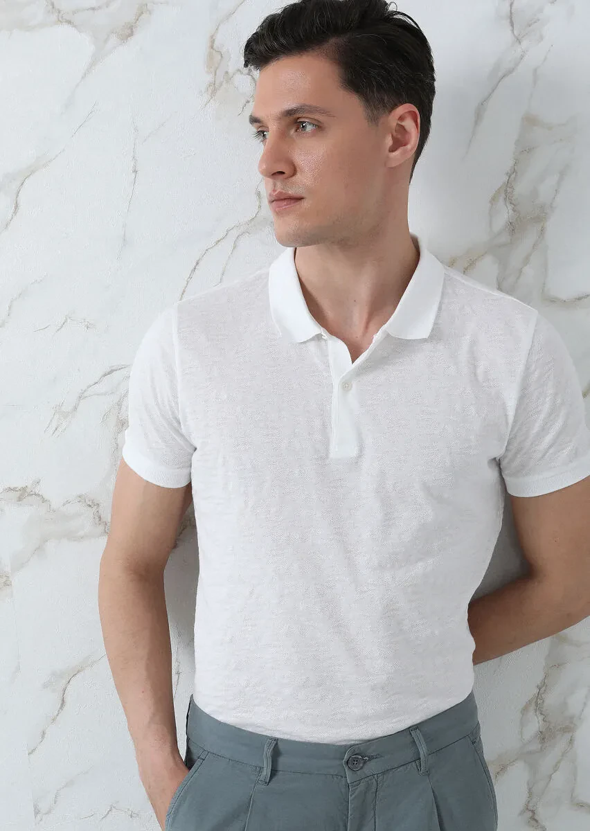 Beyaz Jakarlı Polo Yaka %100 Pamuk T-Shirt - 1