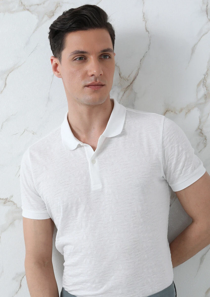 Beyaz Jakarlı Polo Yaka %100 Pamuk T-Shirt - 3