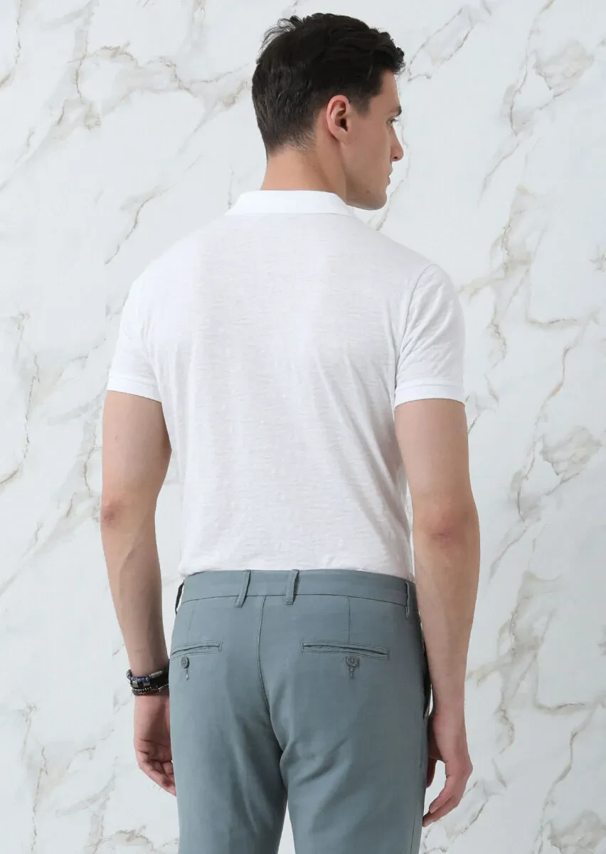 Beyaz Jakarlı Polo Yaka %100 Pamuk T-Shirt - 5