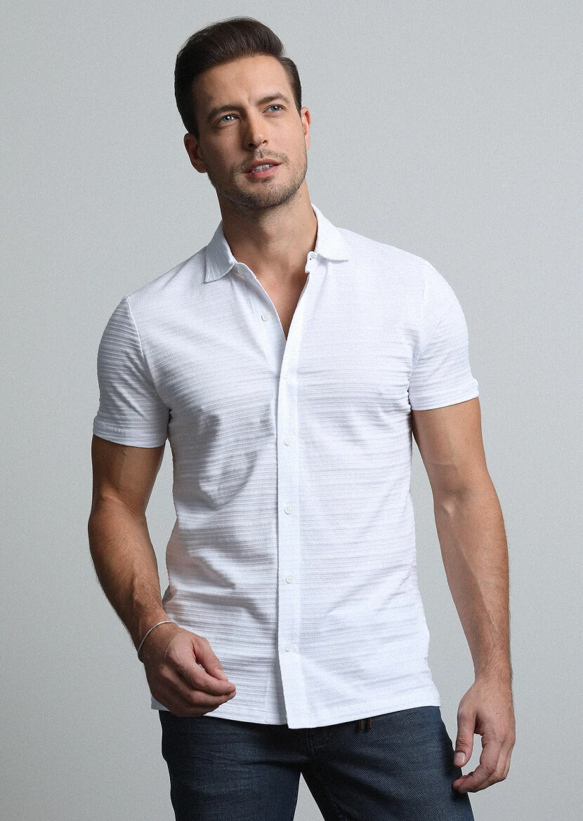 Beyaz Jakarlı Polo Yaka %100 Pamuk T-Shirt - 1