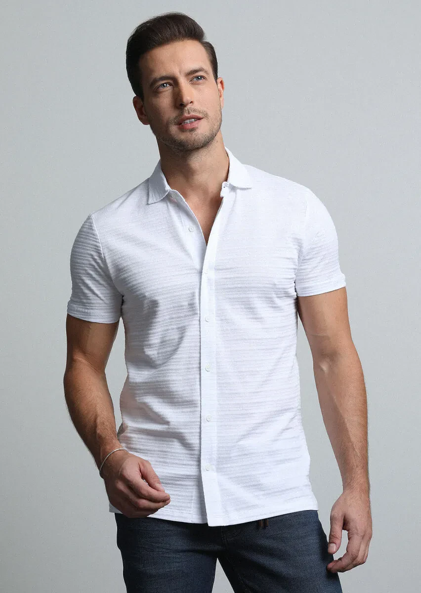 Beyaz Jakarlı Polo Yaka %100 Pamuk T-Shirt - 1